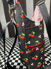 Load image into Gallery viewer, Cherries on black print drink bottle crossbody bag