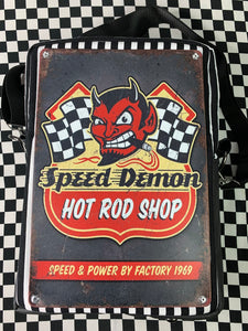 Speed demon hot rod shop Tin sign crossbody bag