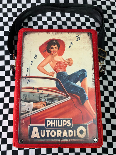 50s pinup auto radio Tin sign crossbody bag