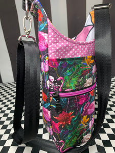 Tropical dark flamingo drink bottle crossbody bag