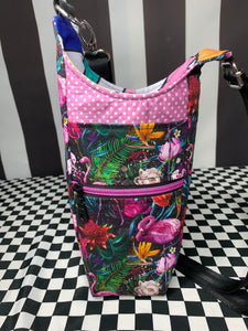 Tropical dark flamingo drink bottle crossbody bag