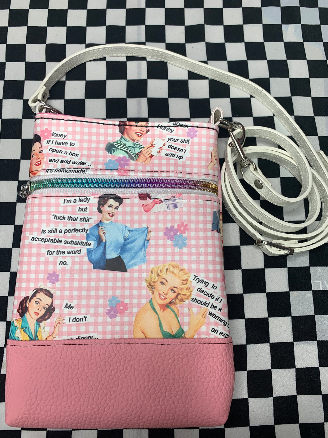 Potty mouth pinups in pink crossbody bag