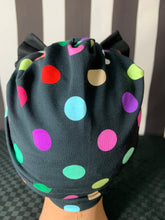 Load image into Gallery viewer, Black with coloured polka dots head wrap