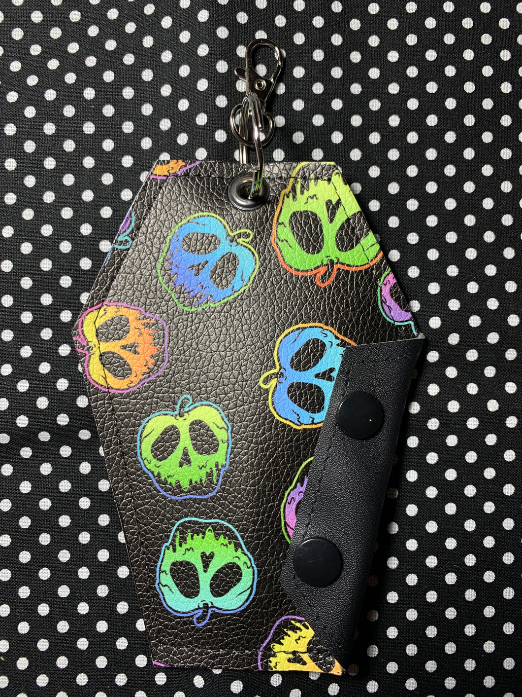 Colourful poisoned apples with black side fan art mini coffin purse