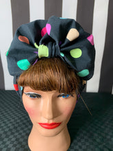 Load image into Gallery viewer, Black with coloured polka dots head wrap